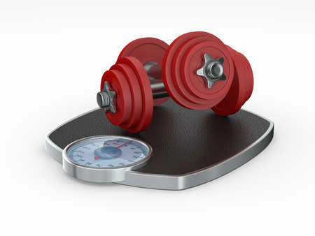 dumbbells and weight scale floor on white background. Isolated 3D illustration