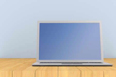 laptop on wooden surface. 3D illustrationの写真素材