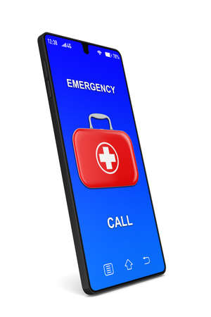 first aid kit and phone on white background. Isolated 3d illustrationの写真素材