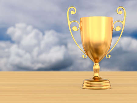 gold trophy cup on wooden table. 3d illustrationの写真素材