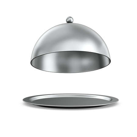 open metallic cloche on white background. Isolated 3d illustrationの写真素材
