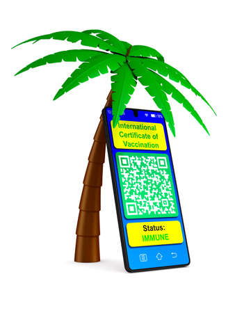 palm tree and digital passport of vaccination in phone on white background. Isolated 3D illustrationの写真素材