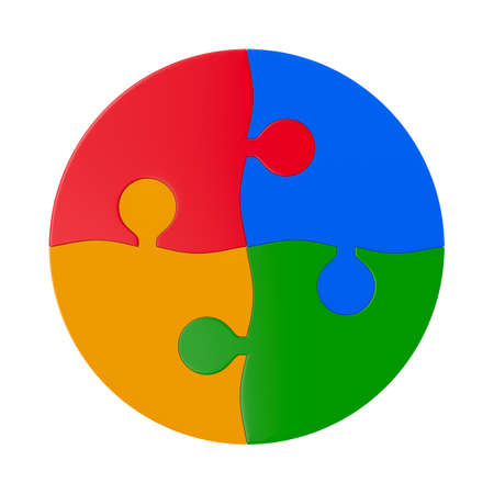 puzzle pieces link in circle on white background. Isolated 3d illustrationの写真素材