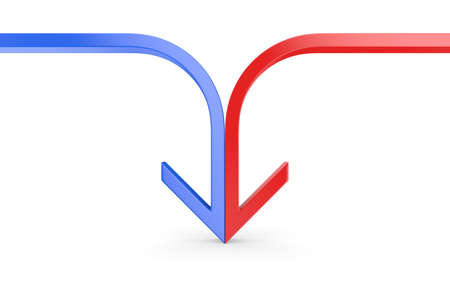 arrow formed from two merging red and blue lines on white background. Isolated 3D illustrationの写真素材