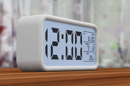 alarm clock on wooden table. 3D rendering