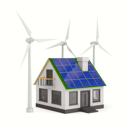 house with solar panel and windmills on white background. Isolated 3D illustration