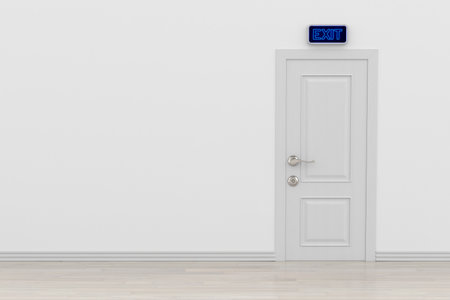 door with sign exit in room. 3D illustrationの写真素材