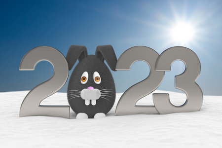 2023 new year. Black rabbit into snowdrift. 3D illustrationの写真素材