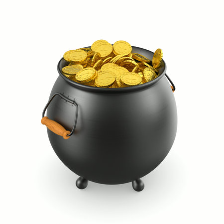 iron cauldron full shiny gold coin on white background. Isolated 3D illustration. St. Patrick`s dayの写真素材