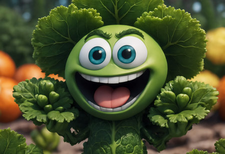 Happy smiling green kale cartoon face. Generative AIの素材