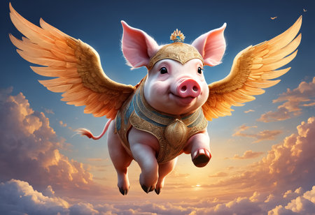 Flying pink pig with wings. Generative AIの素材