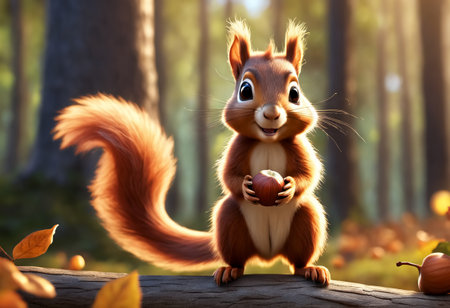 Cute and adorable little squirrel holds a hazelnut in paws. Generative AIの素材