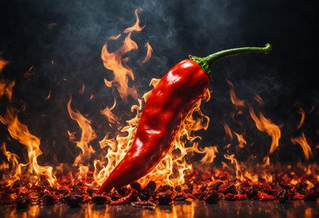 Red hot chilli peppers on fire burning. Generative AIの素材