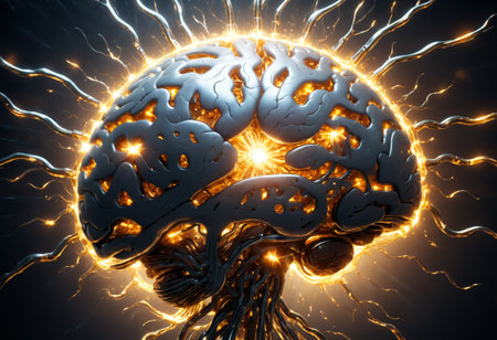 Brain with energy lights. Brainstorming concept. Generative AIの素材