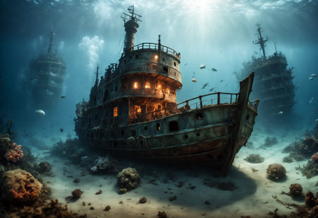 Sunken ships under water. Generative AIの素材