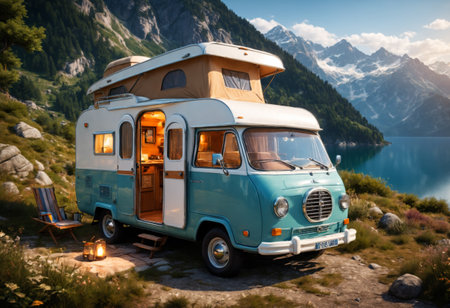 Motorhome on the coast of mountain lake. Generative AIの素材