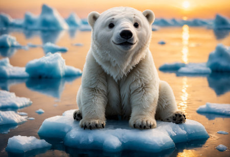 Small polar bear sits on an ice floe in the ocean. Generative AIの素材