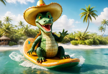 Green crocodile in sombrero floats on water board. Generative AIの素材