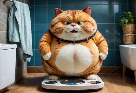 Cat sits on bathroom scales in the room. Generative AIの素材