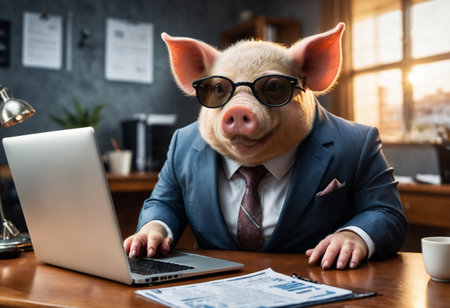 Pig in suit and glasses sits at office table. Generative AIの素材