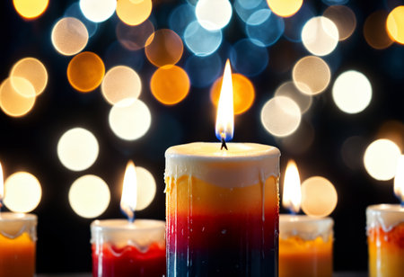 Burning candle on dark blurred background. Generative AIの素材