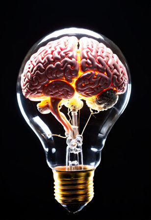 Human brain into glass bulb on black background. Generative AIの素材