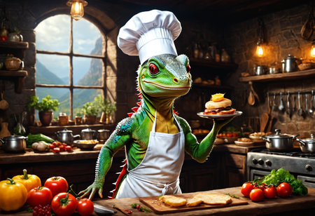 Happy lizard in a chef hat cooking food. Generative AIの素材