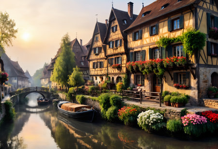 Vintage village with canal. Generative AIの素材