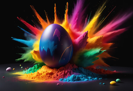 Easter egg into Powerful explosion of colorful rainbow holi powder. Generative AIの素材