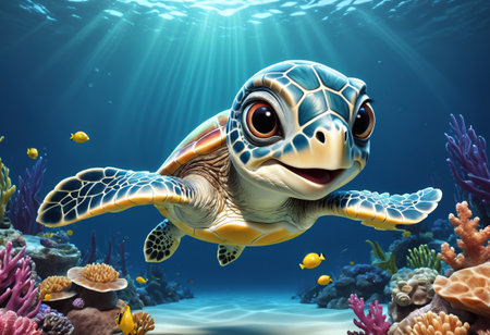 Cute and adorable little baby sea turtle underwater. Generative AIの素材