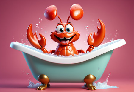 Cute and adorable little lobster taking bath in bathtub. Generative AIの素材