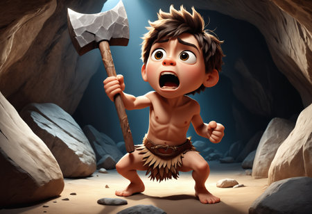 Little shouting boy dressed in skins. Generative AIの素材