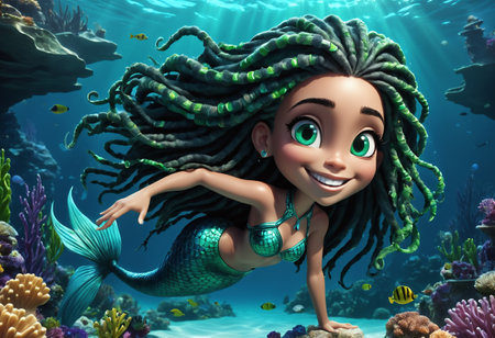 Cute and adorable little black mermaid underwater. Generative AIの素材
