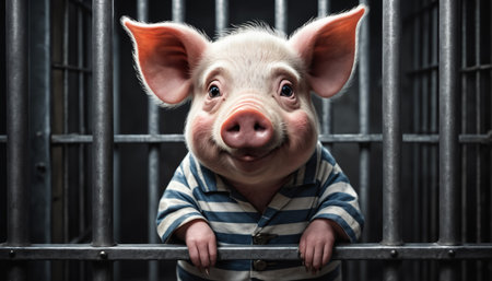 Imprisoned pig behind bars in prison. Generative AIの素材