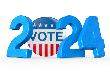 2024 and Vote Pin Badge on white background. Isolated 3d illustrationの写真素材