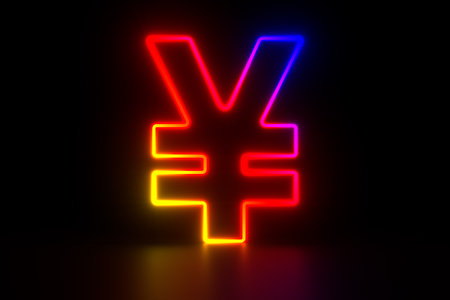 neon symbol Yen on dark background. 3d illustrationの写真素材