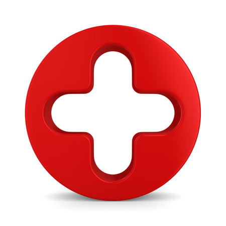 Cross shaped hole in red circle on white background. Isolated 3D illustrationの写真素材