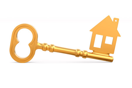 Golden key on white background. isolated 3d illustrationの写真素材