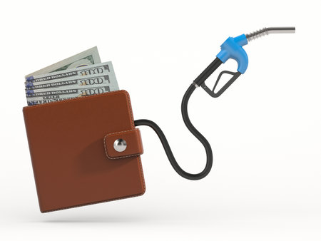 Fuel nozzle and wallet on white background. Isolated 3D illustrationの写真素材