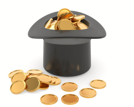 Black top hat with money on white background. Isolated 3D illustrationの写真素材