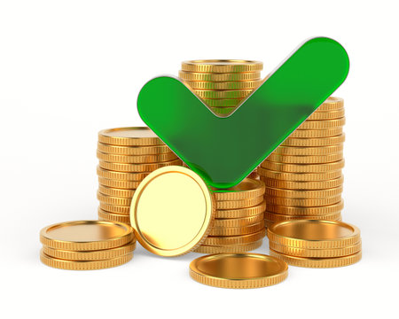 Golden coins and check mark on white background. Isolated 3D illustrationの写真素材