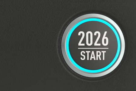 push button with text 2026 on dark background. 3D illustration