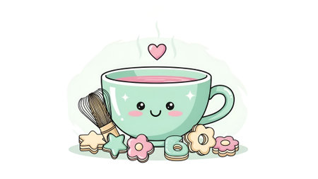 Cute teacup with smiling face, cookies, matcha whisk, tiny steam hearts, warm pastel tones, minimalist kawaii illustration.の素材