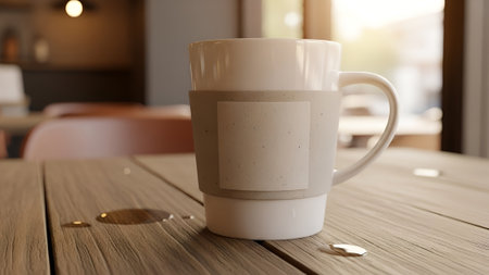Coffee cup mockup with blank sleeve on a wooden table, blurred cafÃ© background, natural warm lighting, photorealistic reflections.の素材