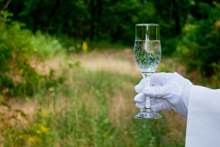 The waiter's hand in a white glove and with a white napkin holding a glass bowl tall champagne glass with water soda on a blurred background of nature green bushes and treesの写真素材