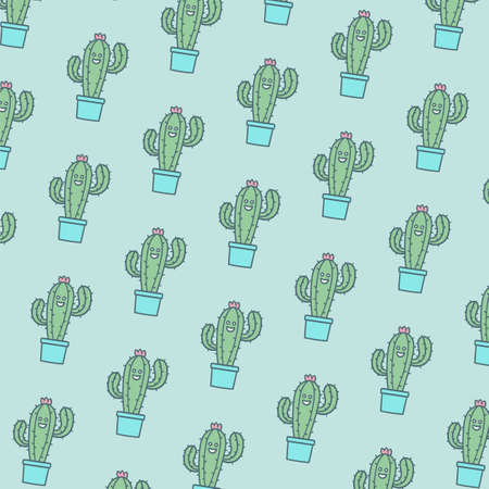 Pattern Cute Cactus With Blue Background