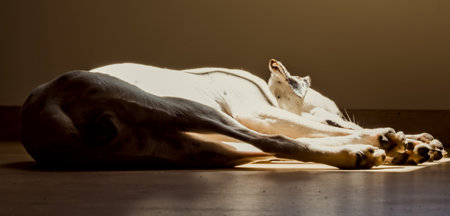 A dog lying on the floor of a room, basking in sunlight, showing relaxation and peaceful indoor environment.の写真素材
