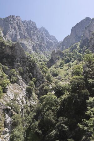 Cares gorges, Principality of Asturias/Spain; Aug. 05, 2015. This gorge, with its narrow passes and gullies, is right in the heart of the Picos de Europa Mountains. The areas stunning landscape affords unique views of the National Park.の写真素材