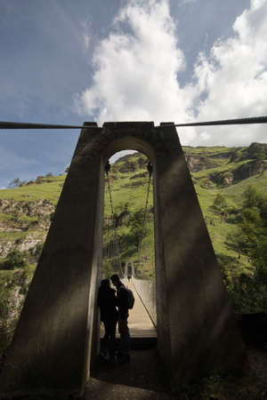 Larrau, France; Sept. 01, 2012. The Holzarte Catwalk is a wooden bridge and reinforced iron cables, secured to two armed pillars that support an arc of passage and save 150 m of free fall in a journey of about 50 m.のeditorial素材