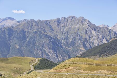Cerler, Huesca/Spain; Aug. 21, 2017. Mountain road on a mountainous profile of the Pyrenees between the town of Benasque and Cerler.の写真素材